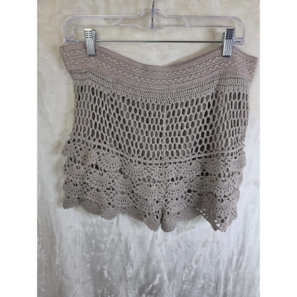 Miss Kelly 1999 Crochet Mini‎ Skirt Taupe Beige Boho Tiered Scalloped Lined